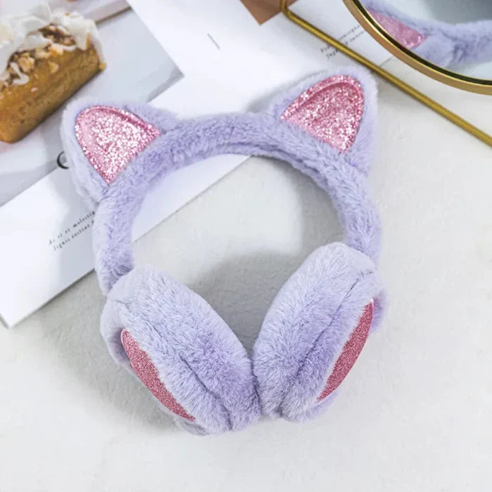 Cat Ear Earmuffs for Girls: light pink, silver glitter cat, kawaii style