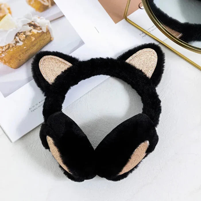 Cat Ear Earmuffs for Girls: light pink, silver glitter cat, kawaii style