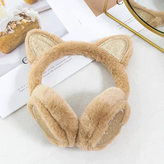 Cat Ear Earmuffs for Girls: light pink, silver glitter cat, kawaii style