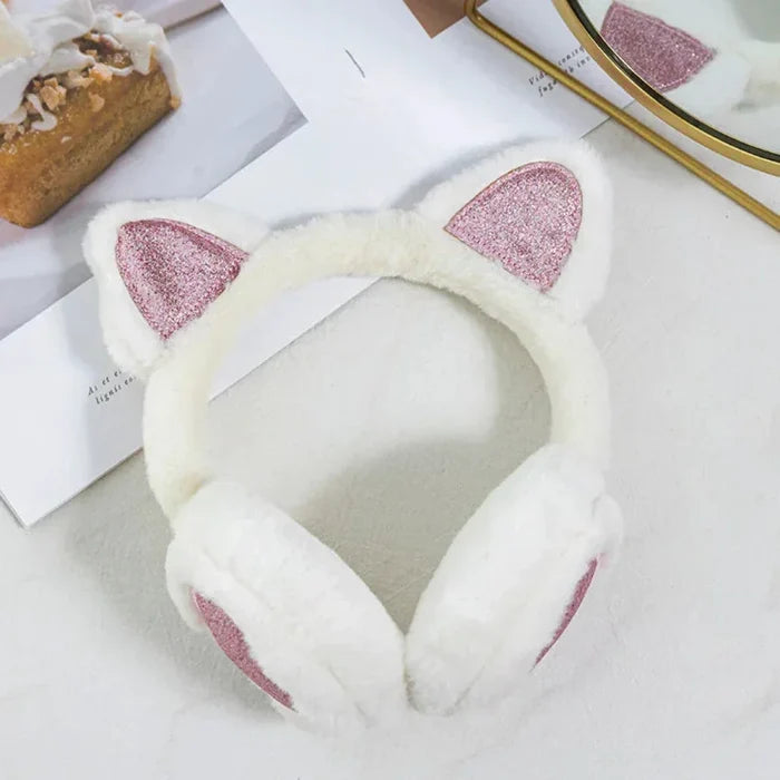 Cat Ear Earmuffs for Girls: light pink, silver glitter cat, kawaii style