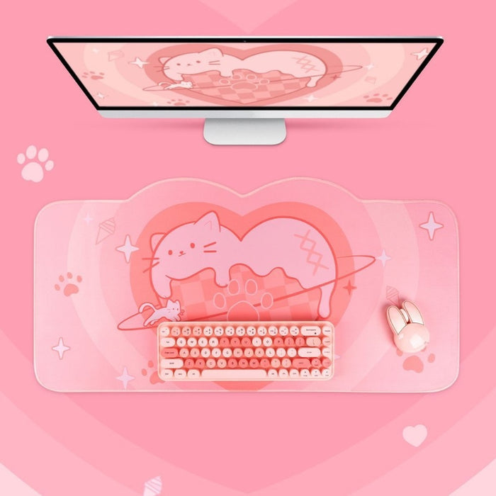 Cat Gaming Mouse Pad with Design: pink, coral pink cartoon cat, kawaii cartoon style