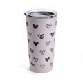 Cat Lover's Heart Tumbler, 20oz: pale pink, black heart pattern, minimal cartoon doodle style