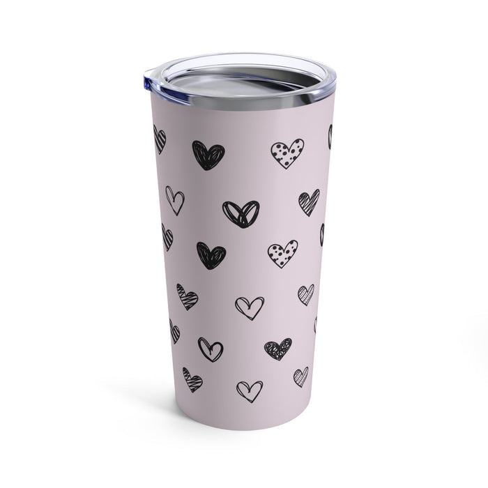 Cat Lover's Heart Tumbler, 20oz: pale pink, black heart pattern, minimal cartoon doodle style
