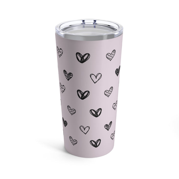 Cat Lover's Heart Tumbler, 20oz: pale pink, black heart pattern, minimal cartoon doodle style