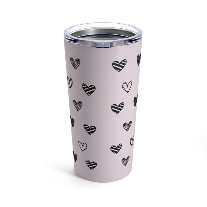 Cat Lover's Heart Tumbler, 20oz: pale pink, black heart pattern, minimal cartoon doodle style