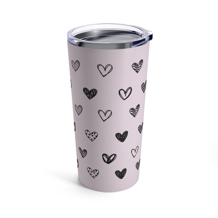 Cat Lover's Heart Tumbler, 20oz: pale pink, black heart pattern, minimal cartoon doodle style