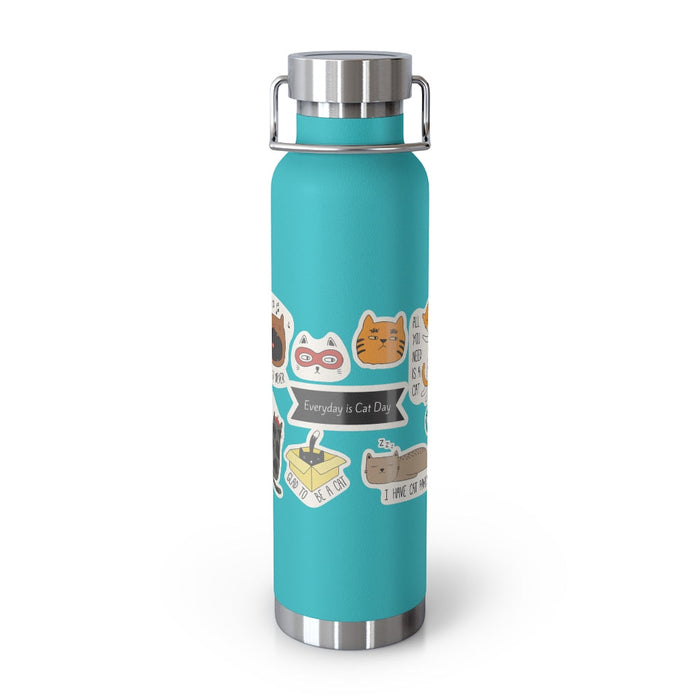 Cat Lover's Thermos Bottle, 22oz: turquoise, silver cats, cartoon kawaii style