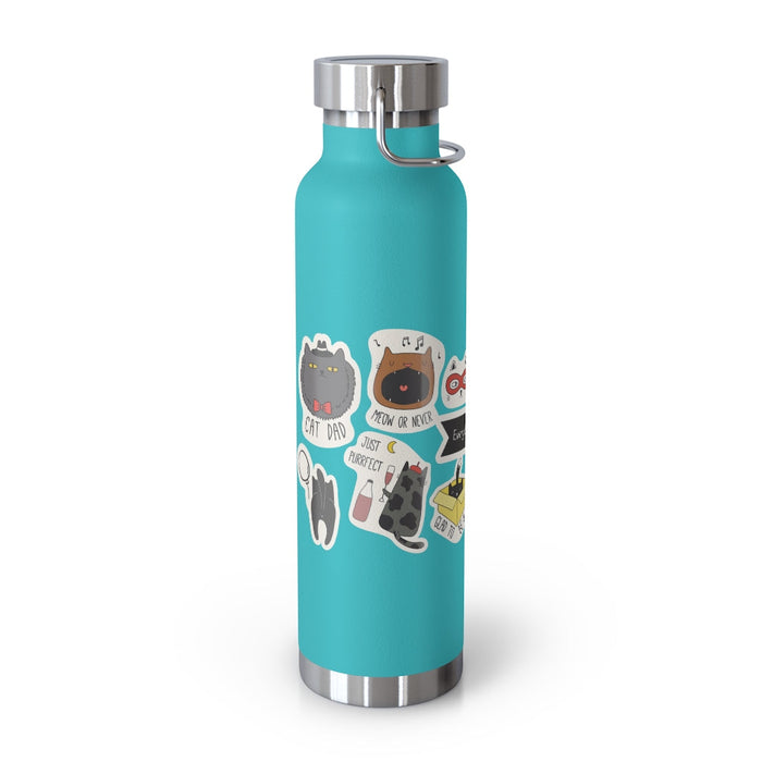 Cat Lover's Thermos Bottle, 22oz: turquoise, silver cats, cartoon kawaii style