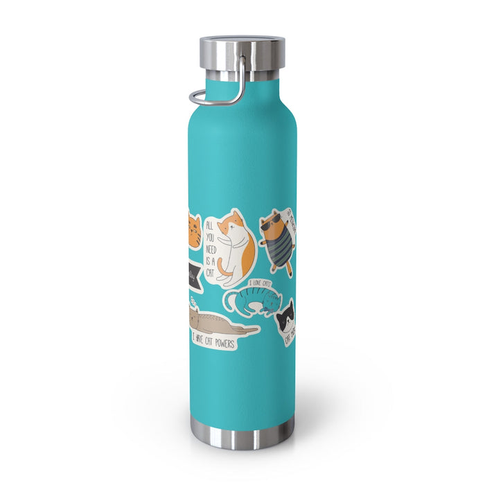 Cat Lover's Thermos Bottle, 22oz: turquoise, silver cats, cartoon kawaii style