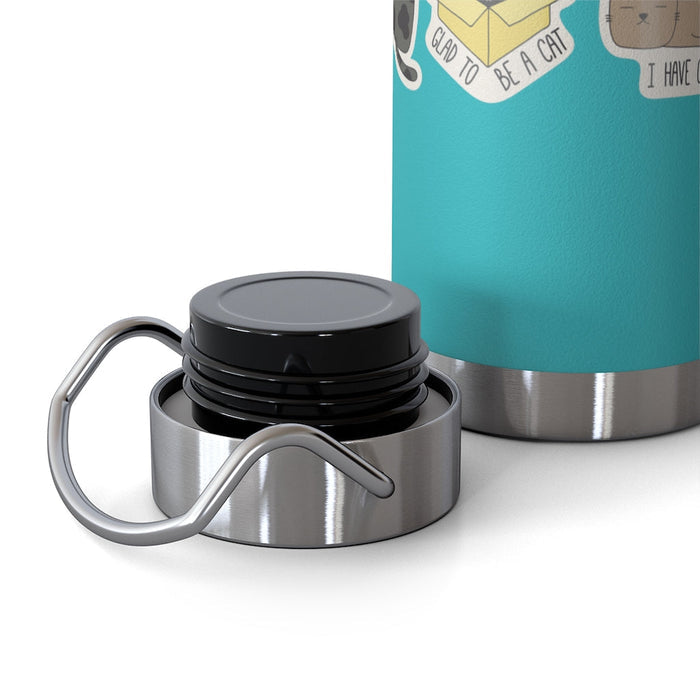 Cat Lover's Thermos Bottle, 22oz: turquoise, silver cats, cartoon kawaii style