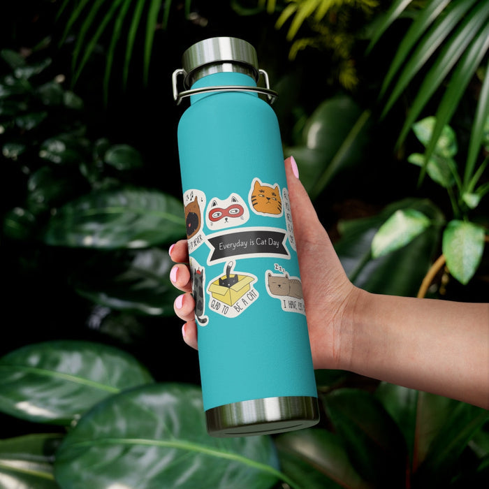 Cat Lover's Thermos Bottle, 22oz: turquoise, silver cats, cartoon kawaii style