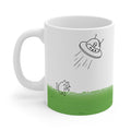 Cat Mug Taken by UFO: white, green cartoon cat and alien in a UFO, minimal cartoon style