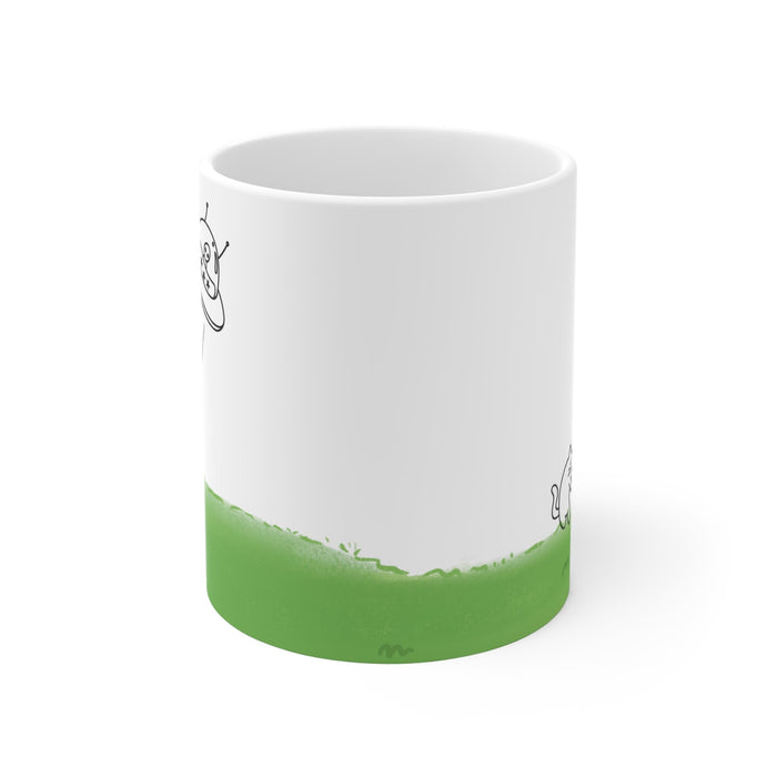 Cat Mug Taken by UFO: white, green cartoon cat and alien in a UFO, minimal cartoon style