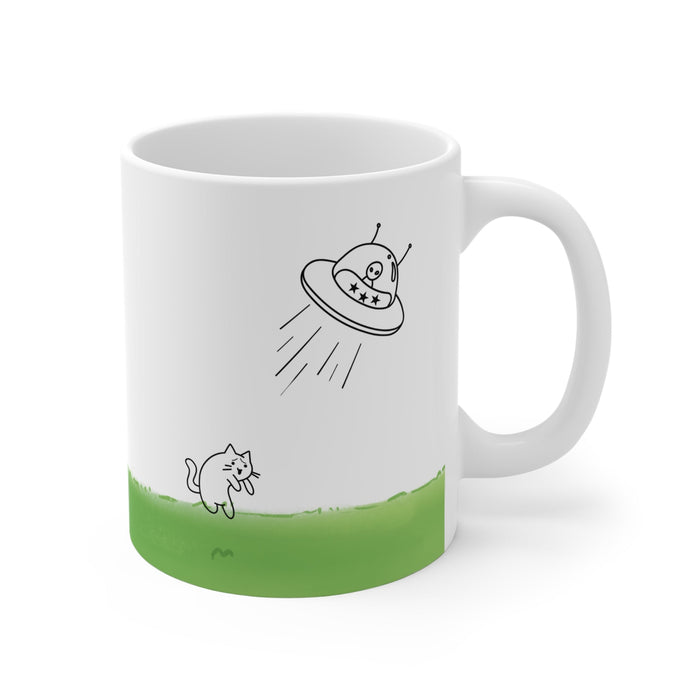 Cat Mug Taken by UFO: white, green cartoon cat and alien in a UFO, minimal cartoon style