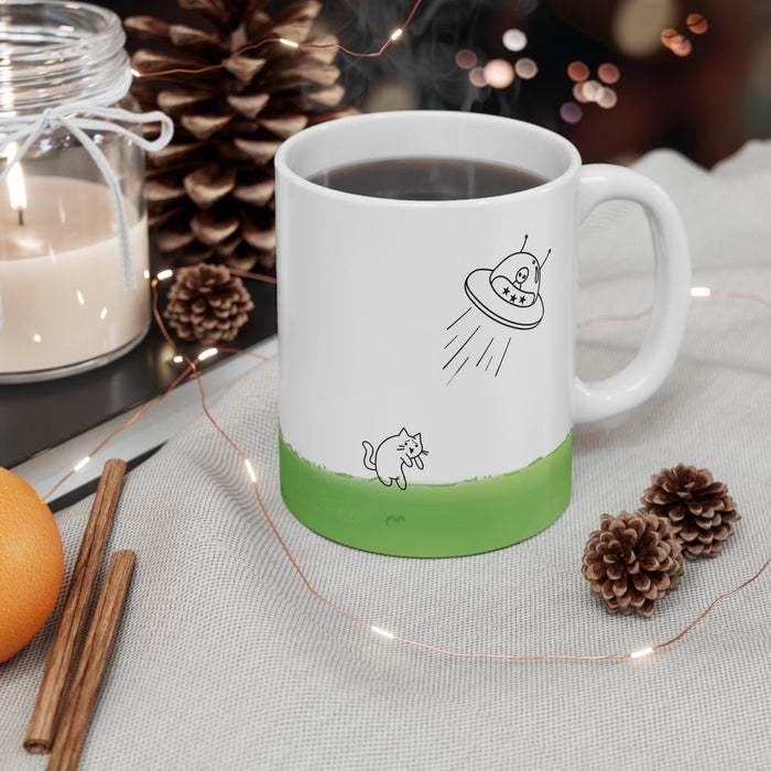Cat Mug Taken by UFO: white, green cartoon cat and alien in a UFO, minimal cartoon style