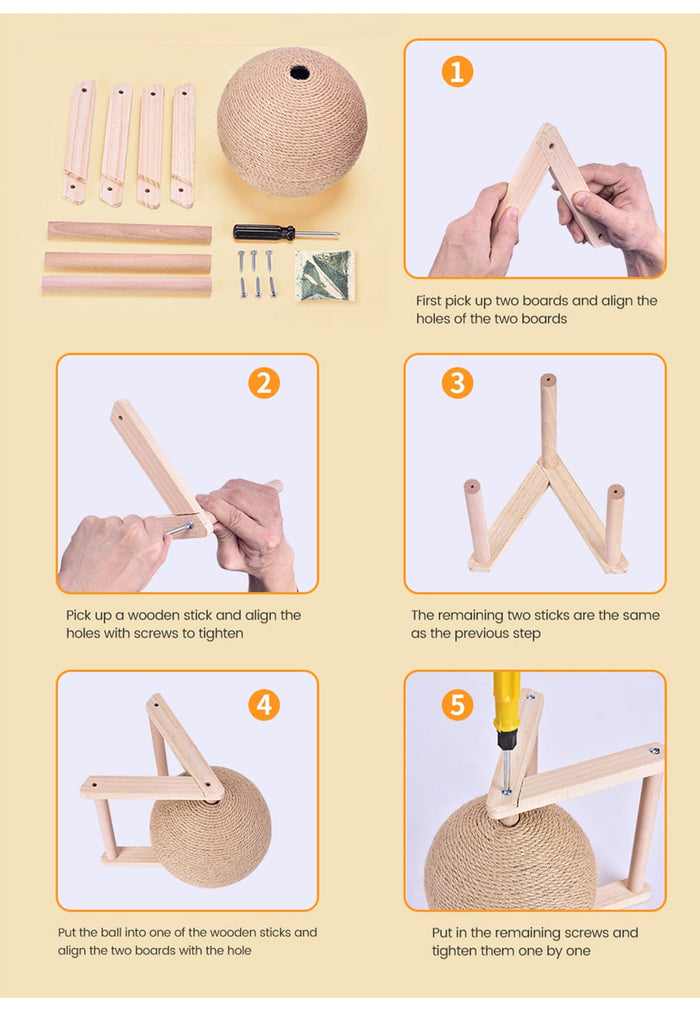 Cat Playtime Essential: Interactive Scratching Toy Ball: beige, light natural wood cat, minimal style