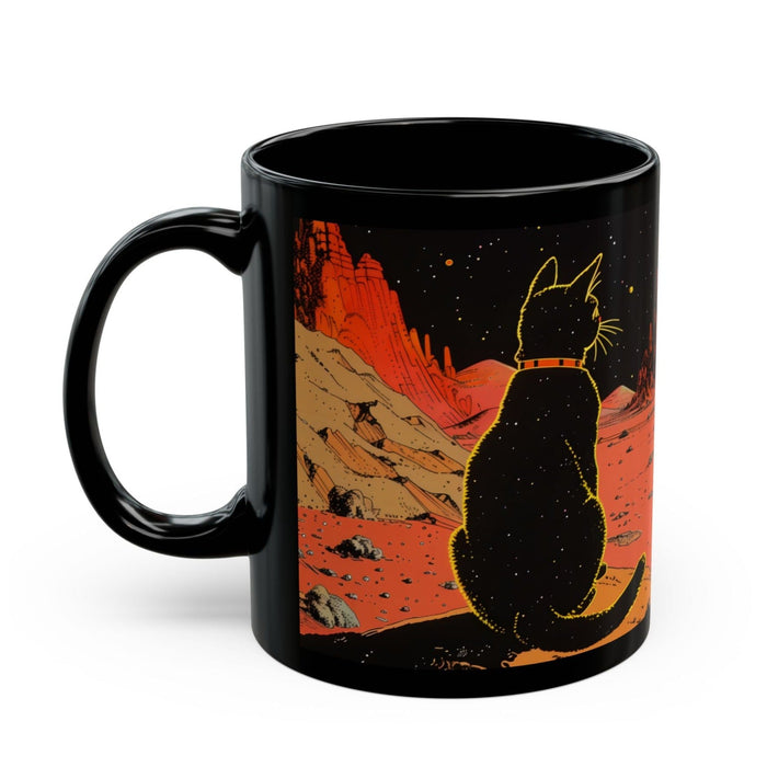 Cat Space Retro Coffee Mug: black, orange black cat in a desert landscape, cartoon style