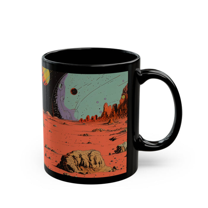 Cat Space Retro Coffee Mug: black, orange black cat in a desert landscape, cartoon style