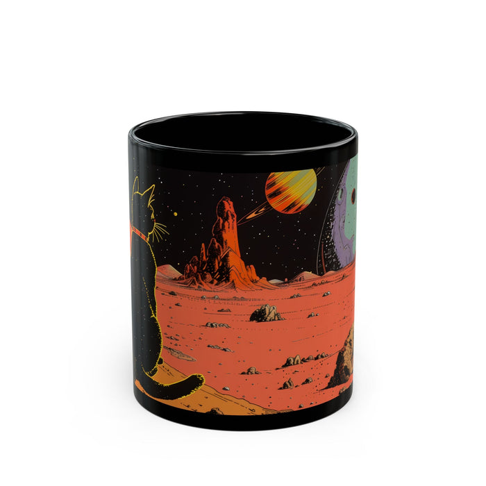 Cat Space Retro Coffee Mug: black, orange black cat in a desert landscape, cartoon style