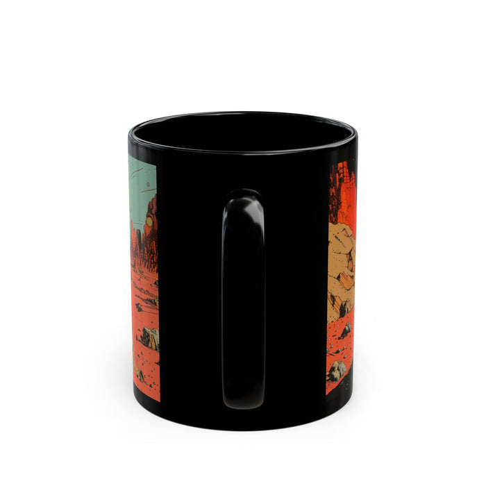 Cat Space Retro Coffee Mug: black, orange black cat in a desert landscape, cartoon style