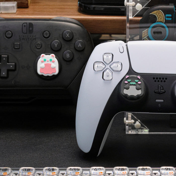 Cat Steam Deck Thumb Grips, Cute & Functional: white, black game controller, modern gaming accessory style