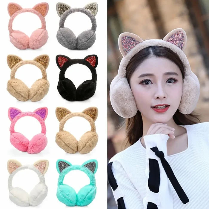 Cat-Themed Cozy Winter Earmuffs: pink, gray cat, kawaii style