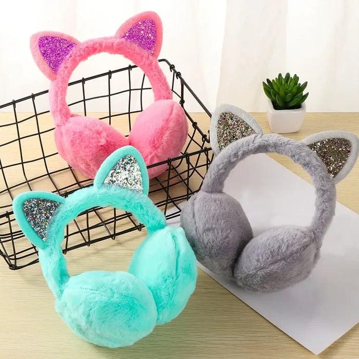 Cat-Themed Cozy Winter Earmuffs: pink, gray cat, kawaii style