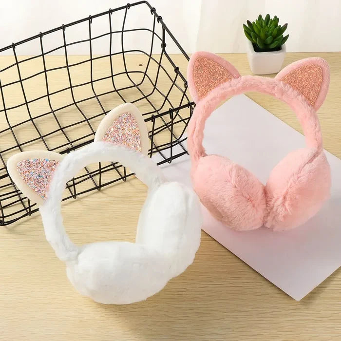 Cat-Themed Cozy Winter Earmuffs: pink, gray cat, kawaii style