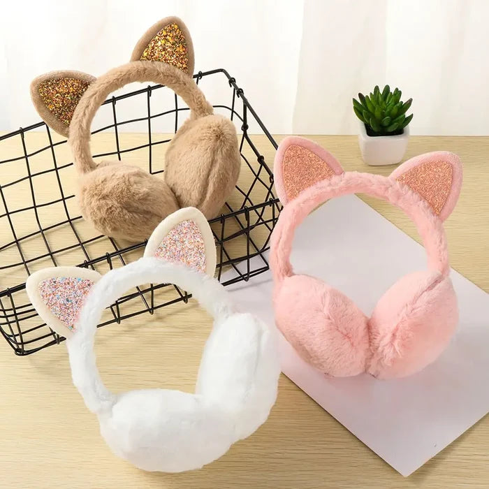 Cat-Themed Cozy Winter Earmuffs: pink, gray cat, kawaii style