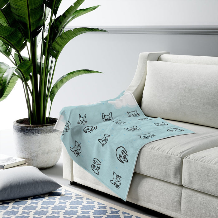 Cats and Dogs Plush Throw Blanket, A Downpour of Furry Friends: light blue, black cats, minimal cartoon style