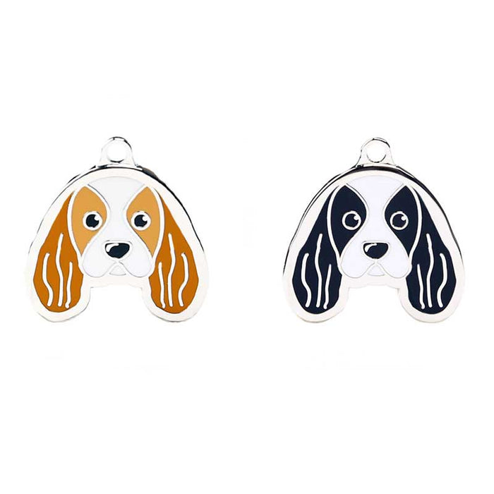 Cavalier King Charles Spaniel ID Tags: white, orange-brown dog, cartoon style