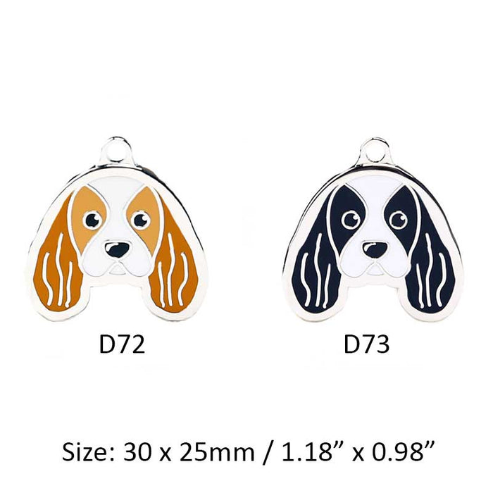 Cavalier King Charles Spaniel ID Tags: white, orange-brown dog, cartoon style