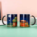 Celeste ACNH Mug: Charming, Magic, Whimsical: dark navy blue, green cartoon animal characters and a snack shop scene, cute ca