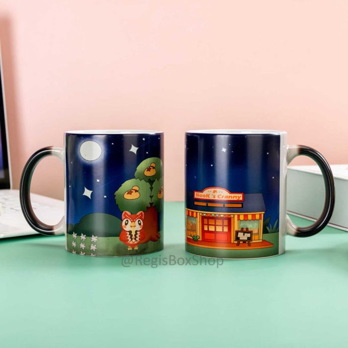 Celeste ACNH Mug: Charming, Magic, Whimsical: dark navy blue, green cartoon animal characters and a snack shop scene, cute ca