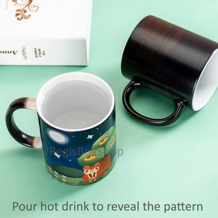 Celeste ACNH Mug: Charming, Magic, Whimsical: dark navy blue, green cartoon animal characters and a snack shop scene, cute ca