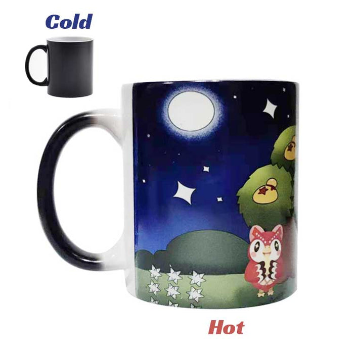 Celeste ACNH Mug: Charming, Magic, Whimsical: dark navy blue, green cartoon animal characters and a snack shop scene, cute ca