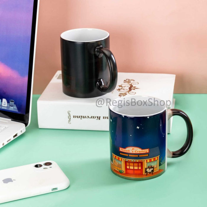 Celeste ACNH Mug: Charming, Magic, Whimsical: dark navy blue, green cartoon animal characters and a snack shop scene, cute ca