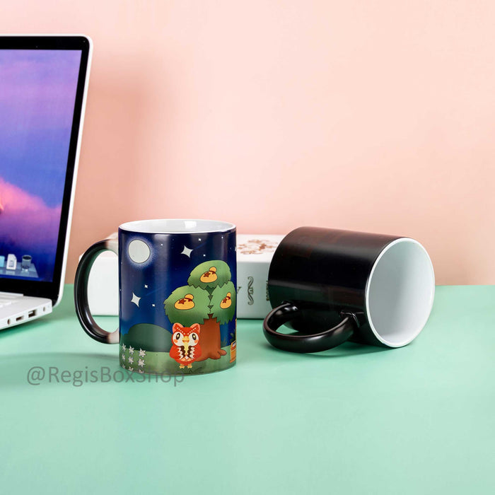Celeste ACNH Mug: Charming, Magic, Whimsical: dark navy blue, green cartoon animal characters and a snack shop scene, cute ca
