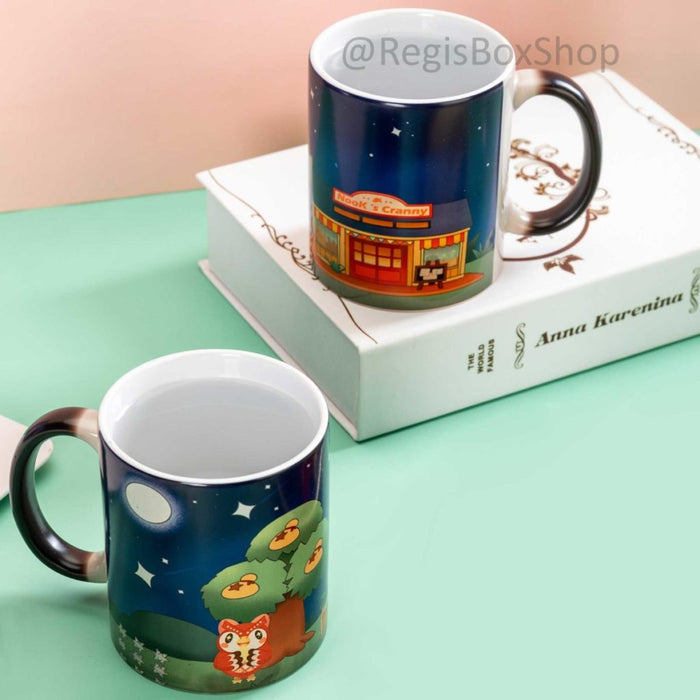 Celeste ACNH Mug: Charming, Magic, Whimsical: dark navy blue, green cartoon animal characters and a snack shop scene, cute ca