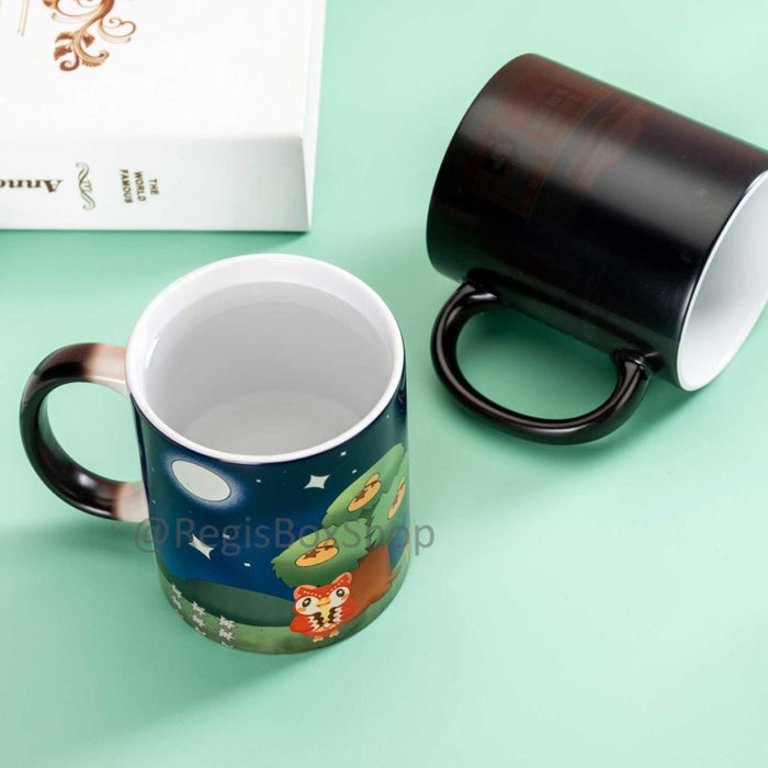 Celeste ACNH Mug: Charming, Magic, Whimsical: dark navy blue, green cartoon animal characters and a snack shop scene, cute ca