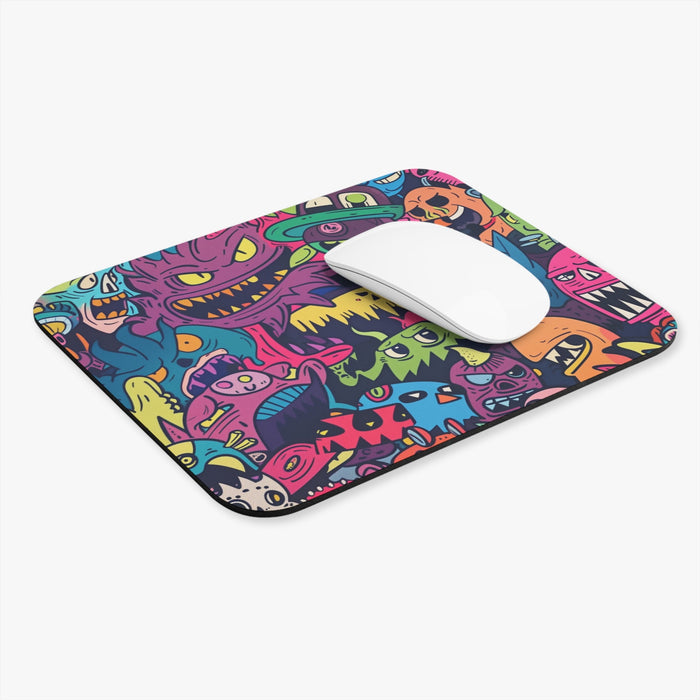 Chaos from Another World: A Mouse Pad: purple, blue colorful cartoon monster characters, cartoon graffiti/kawaii monster art