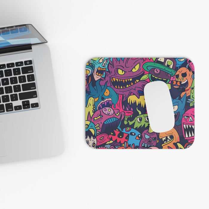 Chaos from Another World: A Mouse Pad: purple, blue colorful cartoon monster characters, cartoon graffiti/kawaii monster art