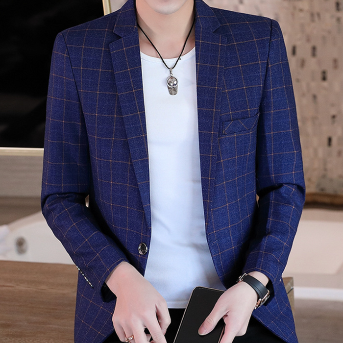 Checkered Blazer for Men: A Distinctive Update for Your Wardrobe: navy blue, brown/tan grid lines blazer jacket, smart casual