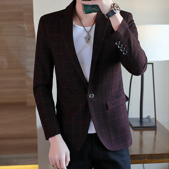 Checkered Blazer for Men: A Distinctive Update for Your Wardrobe: navy blue, brown/tan grid lines blazer jacket, smart casual