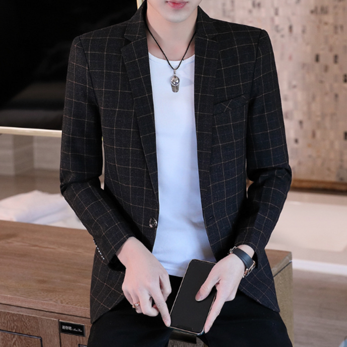 Checkered Blazer for Men: A Distinctive Update for Your Wardrobe: navy blue, brown/tan grid lines blazer jacket, smart casual