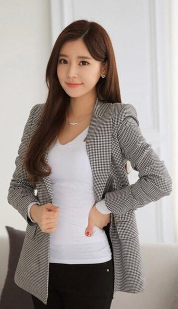 Checkered Blazer for Women with a Slim Fit Cut: gray, black blazer jacket, tailored, classic style