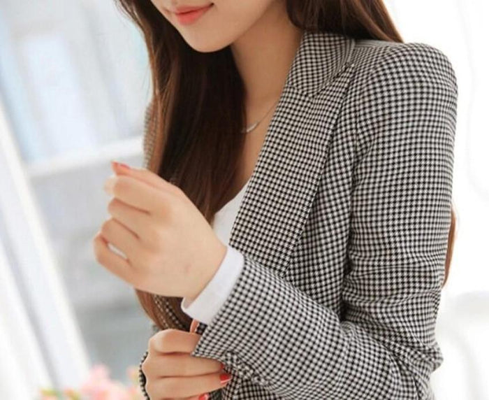 Checkered Blazer for Women with a Slim Fit Cut: gray, black blazer jacket, tailored, classic style