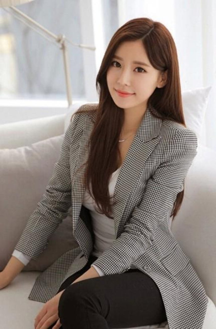 Checkered Blazer for Women with a Slim Fit Cut: gray, black blazer jacket, tailored, classic style