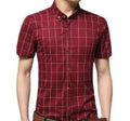 Checkered Red Mens Short Sleeve Button-Up Shirt: dark red, white short-sleeve button-up shirt, casual style