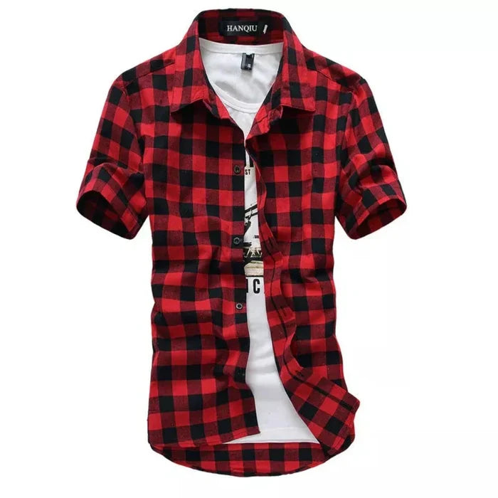 Checkered Short Sleeve Men's Shirt: red, black short-sleeve button-up shirt layered over a T-shirt, casual style